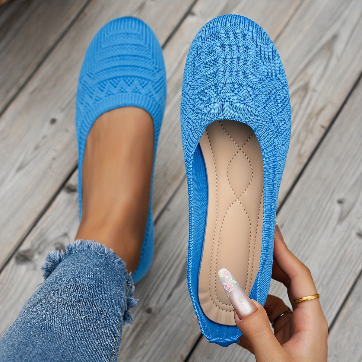 Women'S Light Blue Knit Slip-On Flats with Ankle Strap - Round Toe Casual Shoes, Comfortable Fabric Upper & Synthetic Cover Lining, All-Season Versatile for Casual Attire, Ladies Shoes