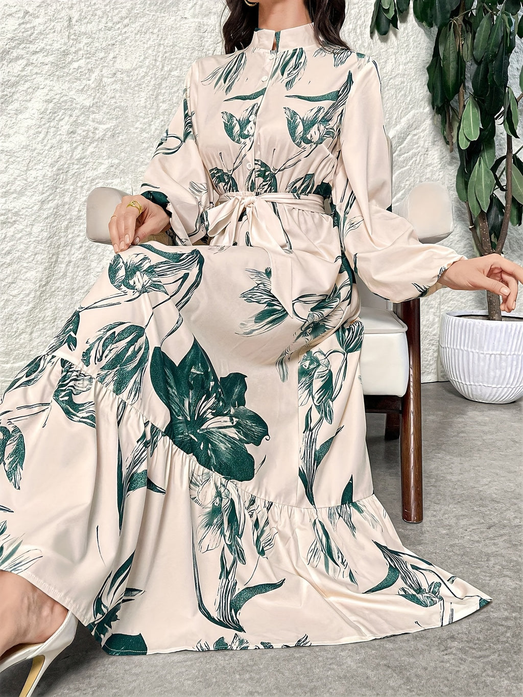 Elegant Floral Print Maxi Dress with Stand Collar - Polyester, Machine Washable, Non-Sheer - Perfect for All Seasons, Women's Fashion Kaftan Style