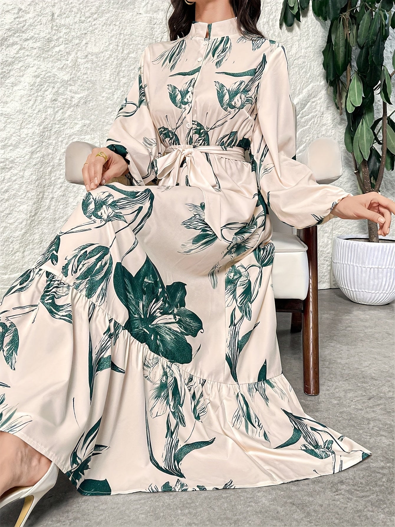 Elegant Floral Print Maxi Dress with Stand Collar - Polyester, Machine Washable, Non-Sheer - Perfect for All Seasons, Women's Fashion Kaftan Style