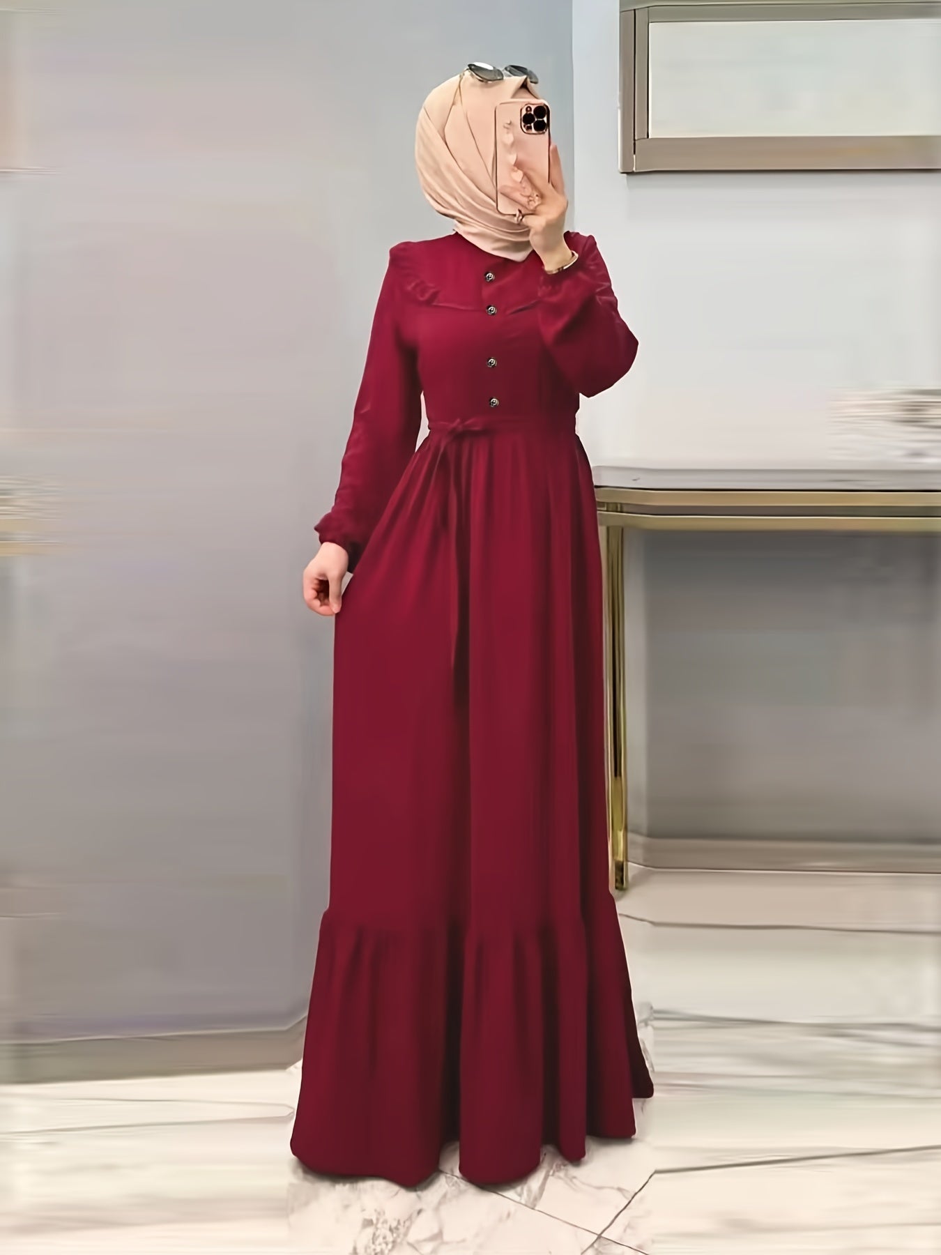Modest Elegance, Elegant Solid Color Maxi Dress for Women - Casual Long Sleeve with Button Detail, Non-Stretch Polyester Blend, Machine Washable - Perfect for All Seasons