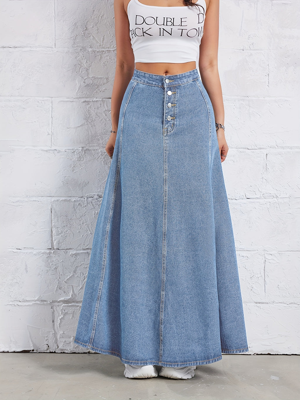 Plain Washed Blue Denim Skirt, Elegant High Rise Maxi Denim Skirt, Women's Denim Jeans & Clothing