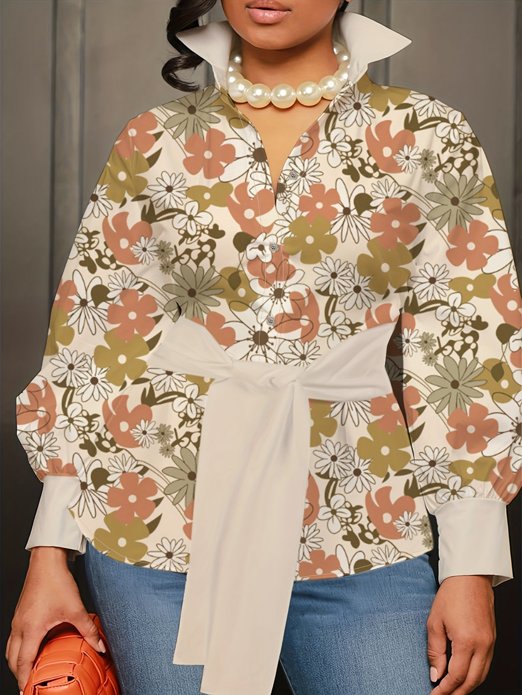 Plus Size Floral Print Button Front Shirt, Elegant Long Sleeve Tie Waist Shirt For Spring & Fall, Women's Plus Size Clothing