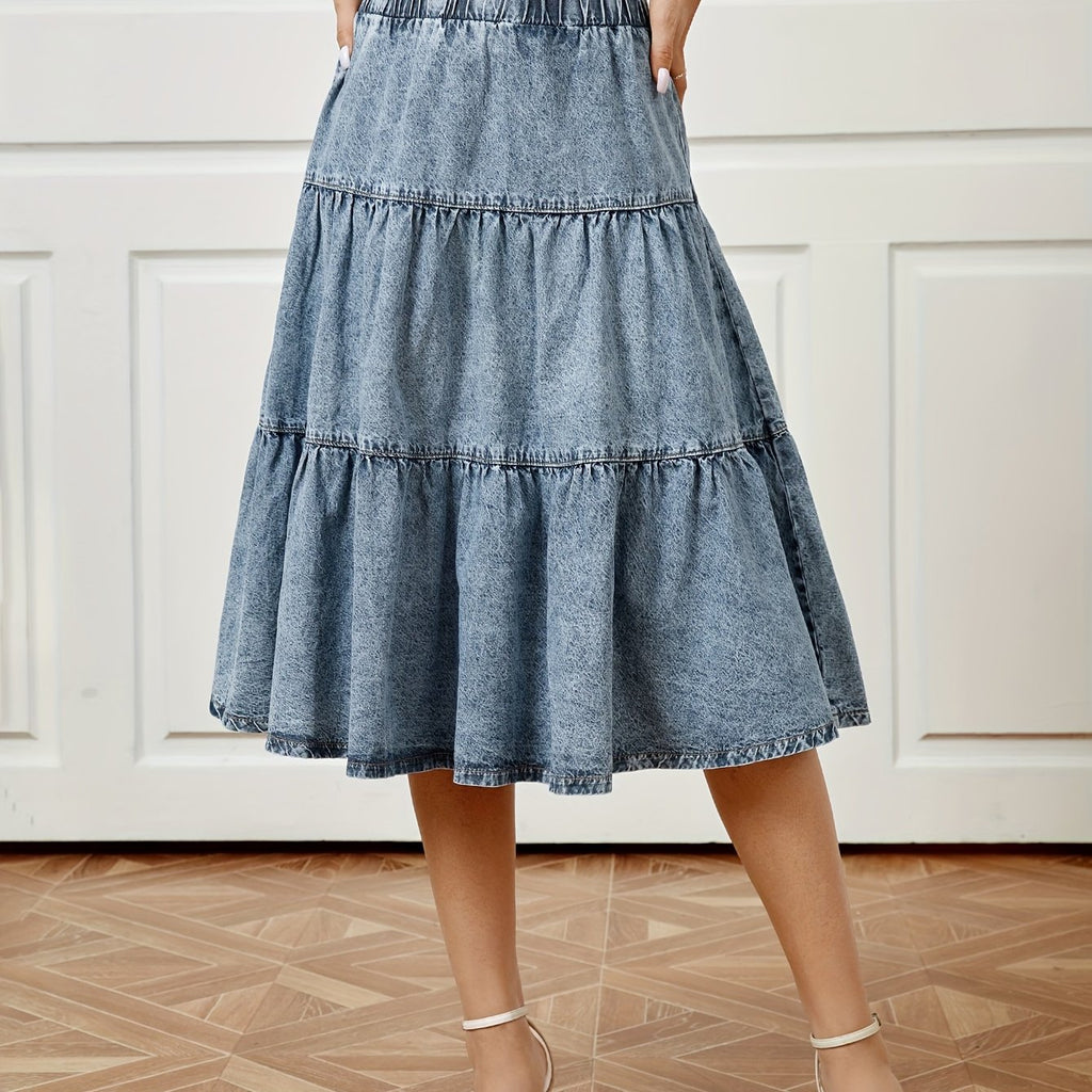 Blue Elastic Waist Denim Midi Skirt, Ruffle Hem Washed Loose Fit Casual Denim Skirt, Women's Denim Clothing
