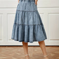 Blue Elastic Waist Denim Midi Skirt, Ruffle Hem Washed Loose Fit Casual Denim Skirt, Women's Denim Clothing
