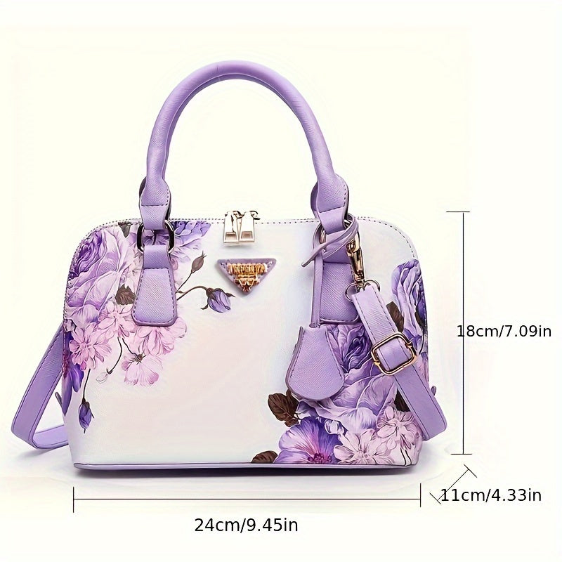 Stylish Floral Print Boston Bag - Spacious Top Handle Crossbody Handbag with Adjustable Shoulder Strap, Elegant Women's Fashion Purse for Daily Use