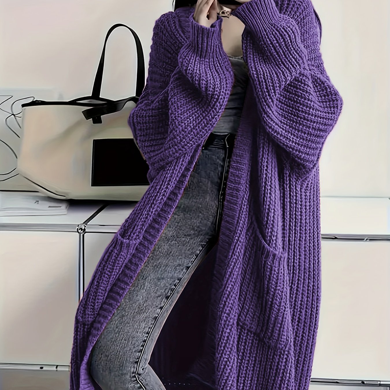 Plus Size Open Front Loose Knit Cardigan, Casual Long Sleeve Long Length Cardigan With Pocket, Women's Plus Size Clothing