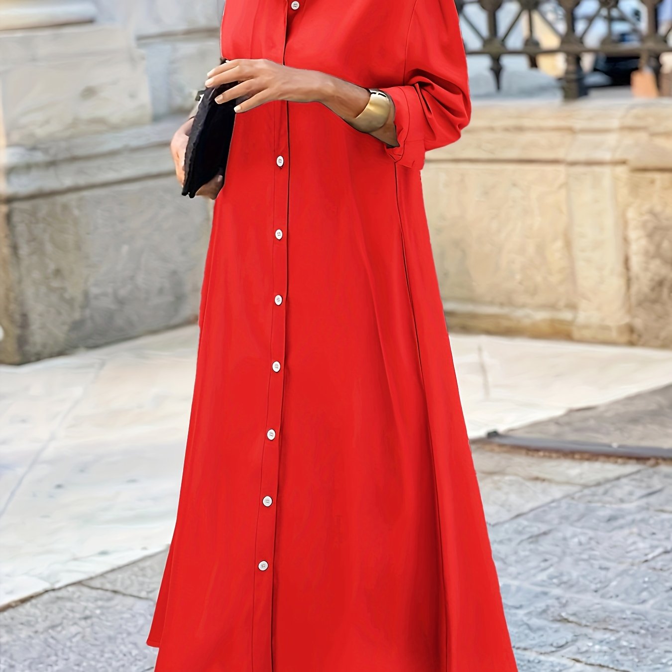 Stylish Plus Size Button Front Polo Collar Long Sleeve Dress - Women's Plus Size Clothing, Casual Solid Color Dresses for Work or Daily Wear - Easy to Match and Comfortable to Wear