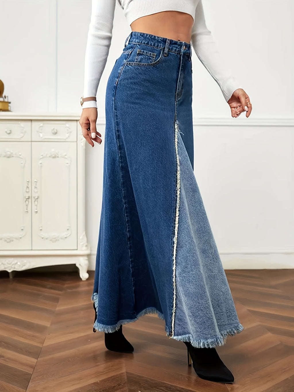 Two Tone Patchwork Denim Midi Skirt, Frayed Hem Slant Pockets Chic Denim Skirt, Women's Denim Clothing