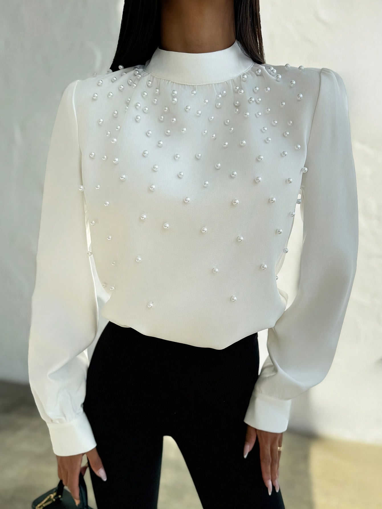 Women's Elegant -Adorned Collar Blouse - Long Sleeve White Shirt with Bead Button Front, Structured Stand Collar & Machine Washable Jacket-like Top for Weddings, Office, Parties (Spring/Fall) - Non-Stretch Adult Clothing, Blo