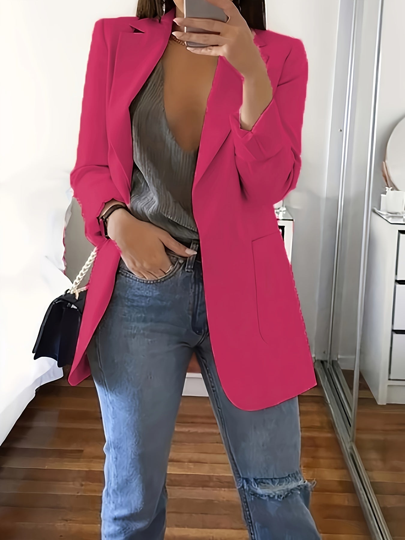 Plus Size Solid Open Front Blazer, Elegant Lapel Long Sleeve Blazer For Office & Work, Women's Plus Size Clothing