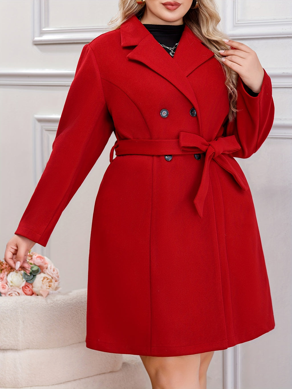 Plus Size Solid Color Double Breasted Overcoat, Elegant Lapel Neck Long Sleeve Outerwear For Fall & Winter, Women's Plus Size Clothing