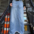 Raw Hem Slash Pocket Maxi Denim Skirt, Plain Washed Blue Whiskering Denim Skirt, Women's Denim Jeans & Clothing