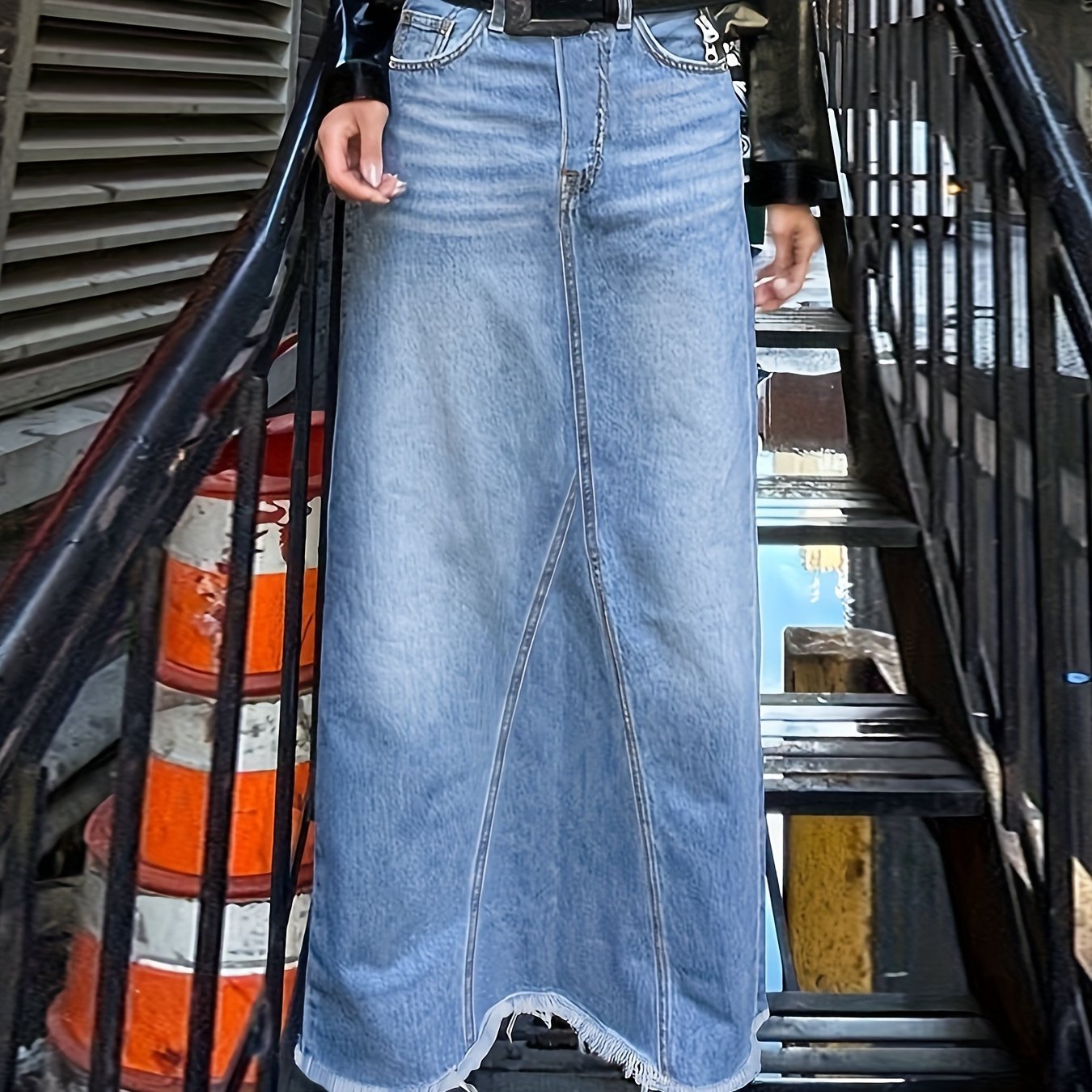 Raw Hem Slash Pocket Maxi Denim Skirt, Plain Washed Blue Whiskering Denim Skirt, Women's Denim Jeans & Clothing