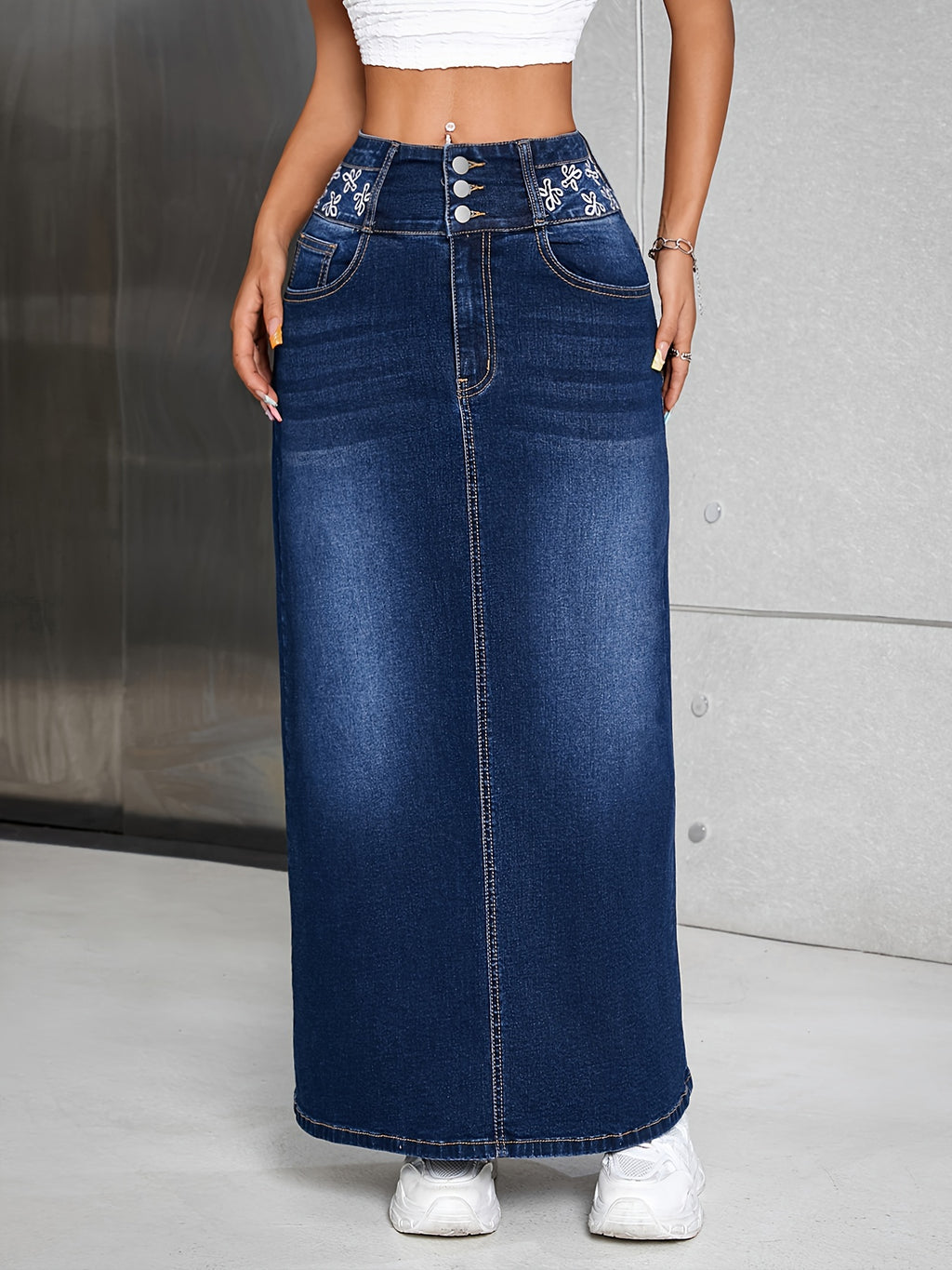 Women's High Rise Maxi Denim Skirt - Floral Embroidered, Single-breasted, Washed, Comfortable, Stylish, and Perfect for Casual Occasions