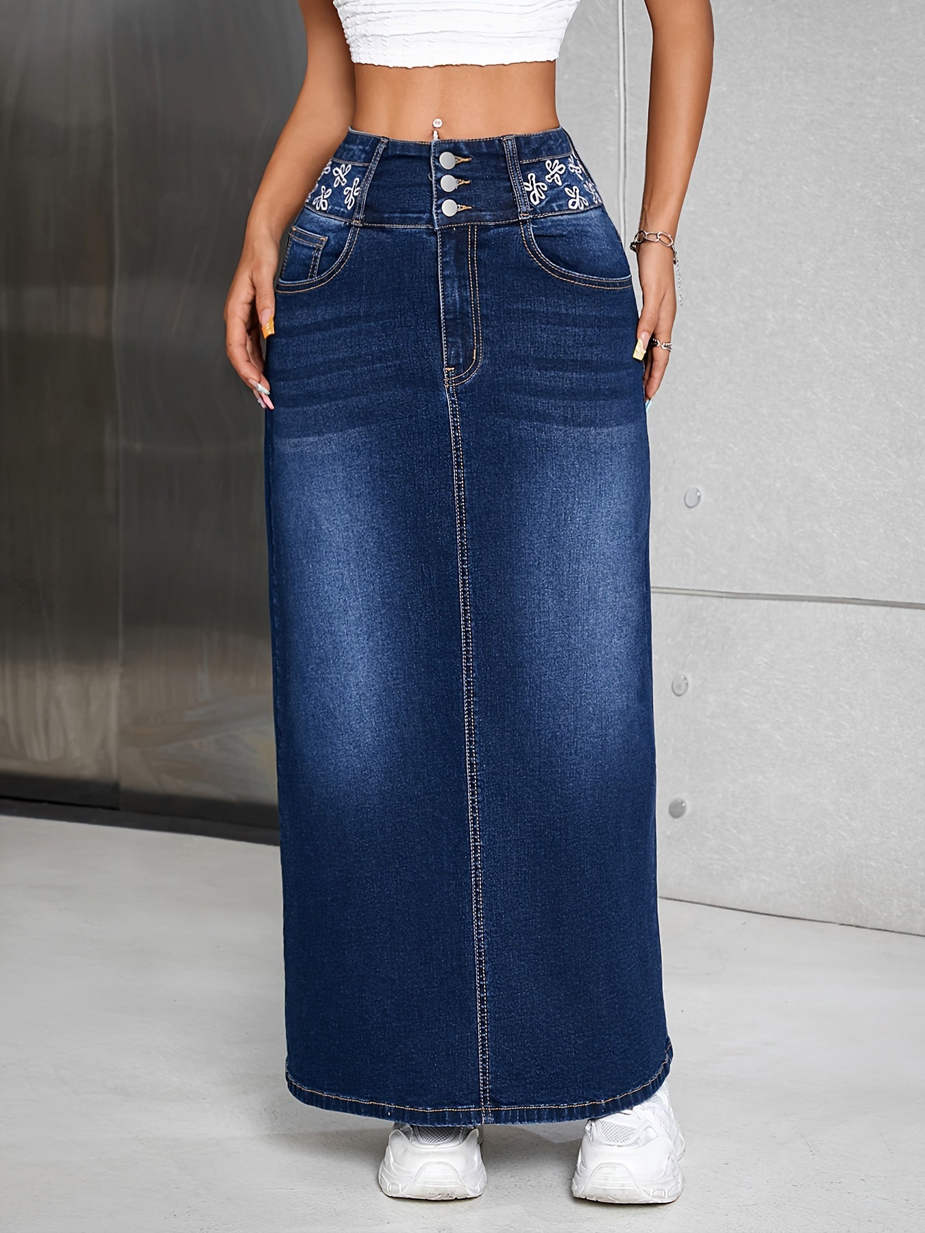 Women's High Rise Maxi Denim Skirt - Floral Embroidered, Single-breasted, Washed, Comfortable, Stylish, and Perfect for Casual Occasions