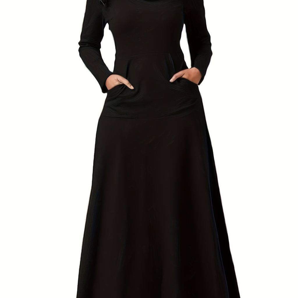Plus Size Comfort Maxi Dress - Casual Turtleneck with Pockets, All-Season High Stretch & Machine Washable