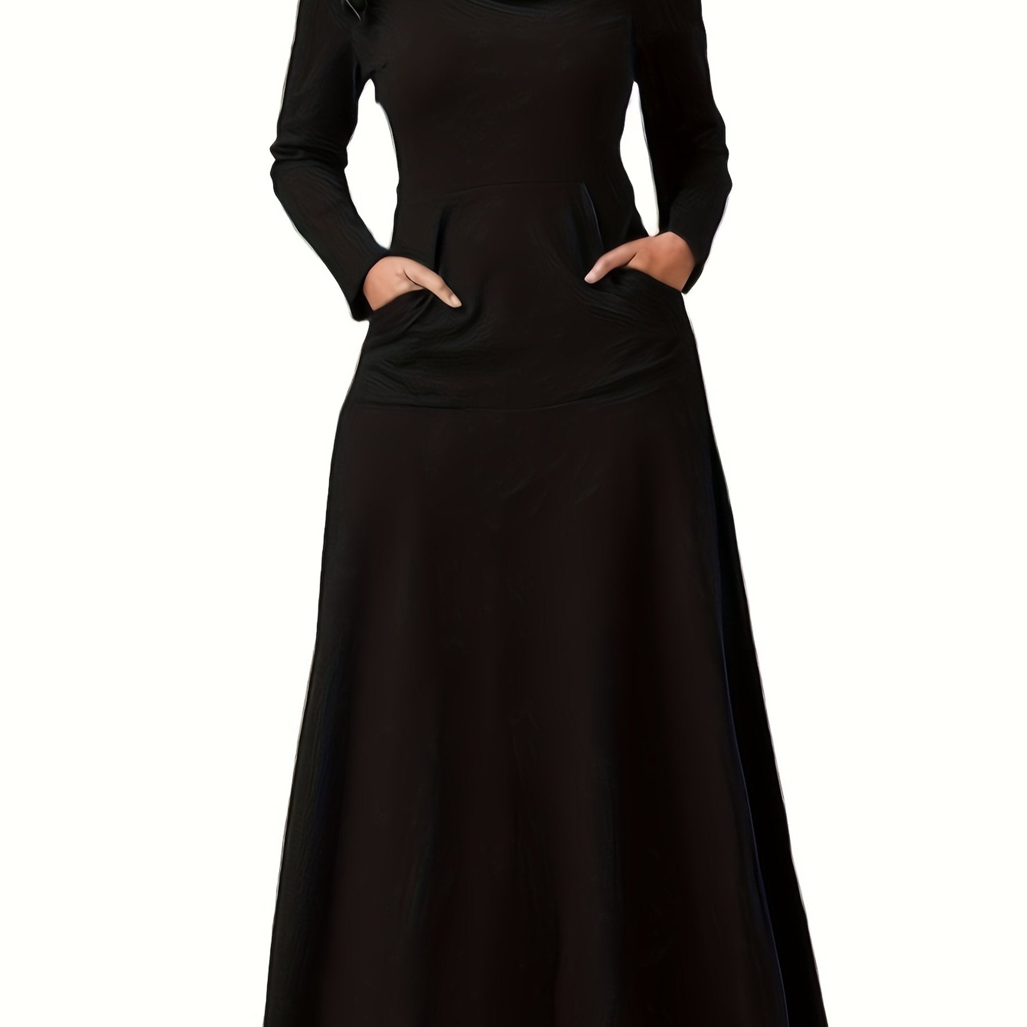 Plus Size Comfort Maxi Dress - Casual Turtleneck with Pockets, All-Season High Stretch & Machine Washable