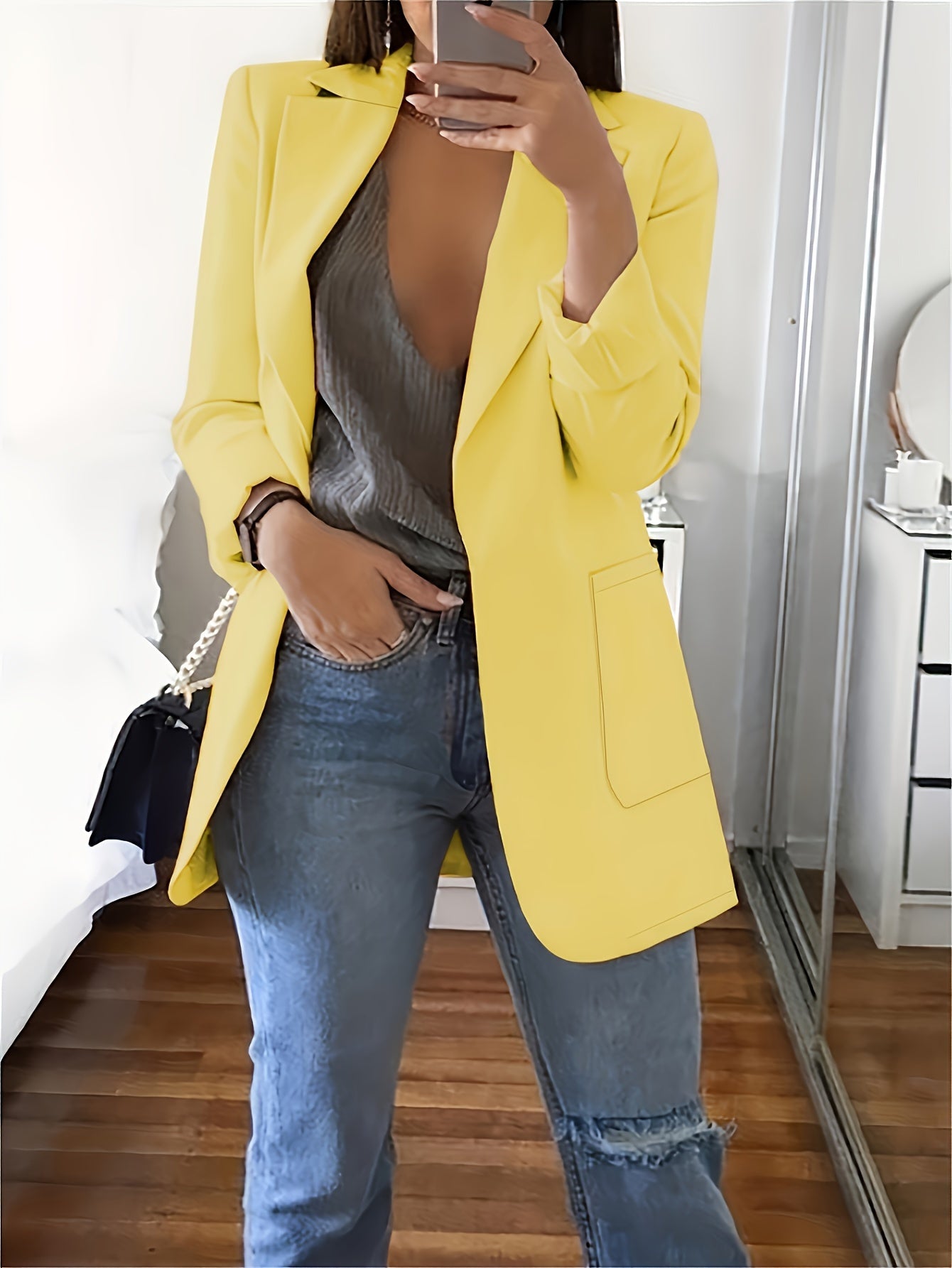 Plus Size Solid Open Front Blazer, Elegant Lapel Long Sleeve Blazer For Office & Work, Women's Plus Size Clothing