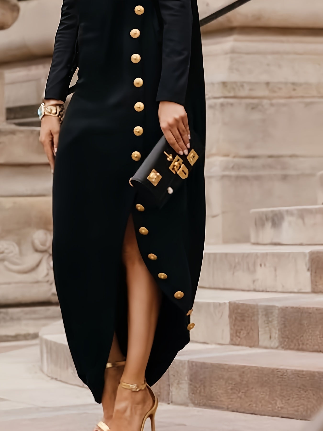 Women's Casual Long Sleeve Loose Maxi Dress - Viscose Smooth Fabric, 260g/m² Micro Elasticity | Asymmetric Buttoned Split-Joint Design | High Neck & Split-Side Detail