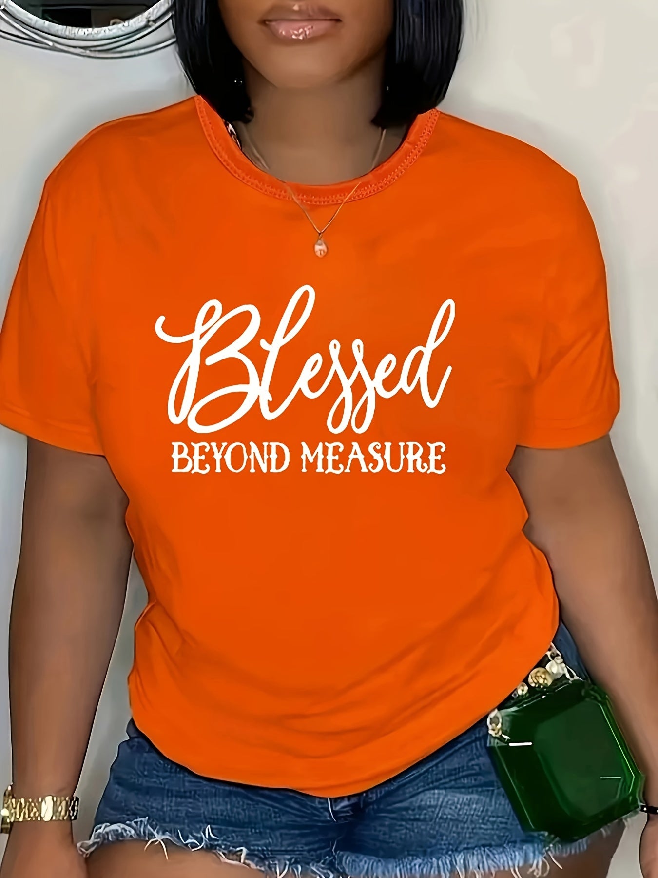 Plus Size Blessed Print T-shirt, Casual Short Sleeve Crew Neck Top For Spring & Summer, Women's Plus Size Clothing