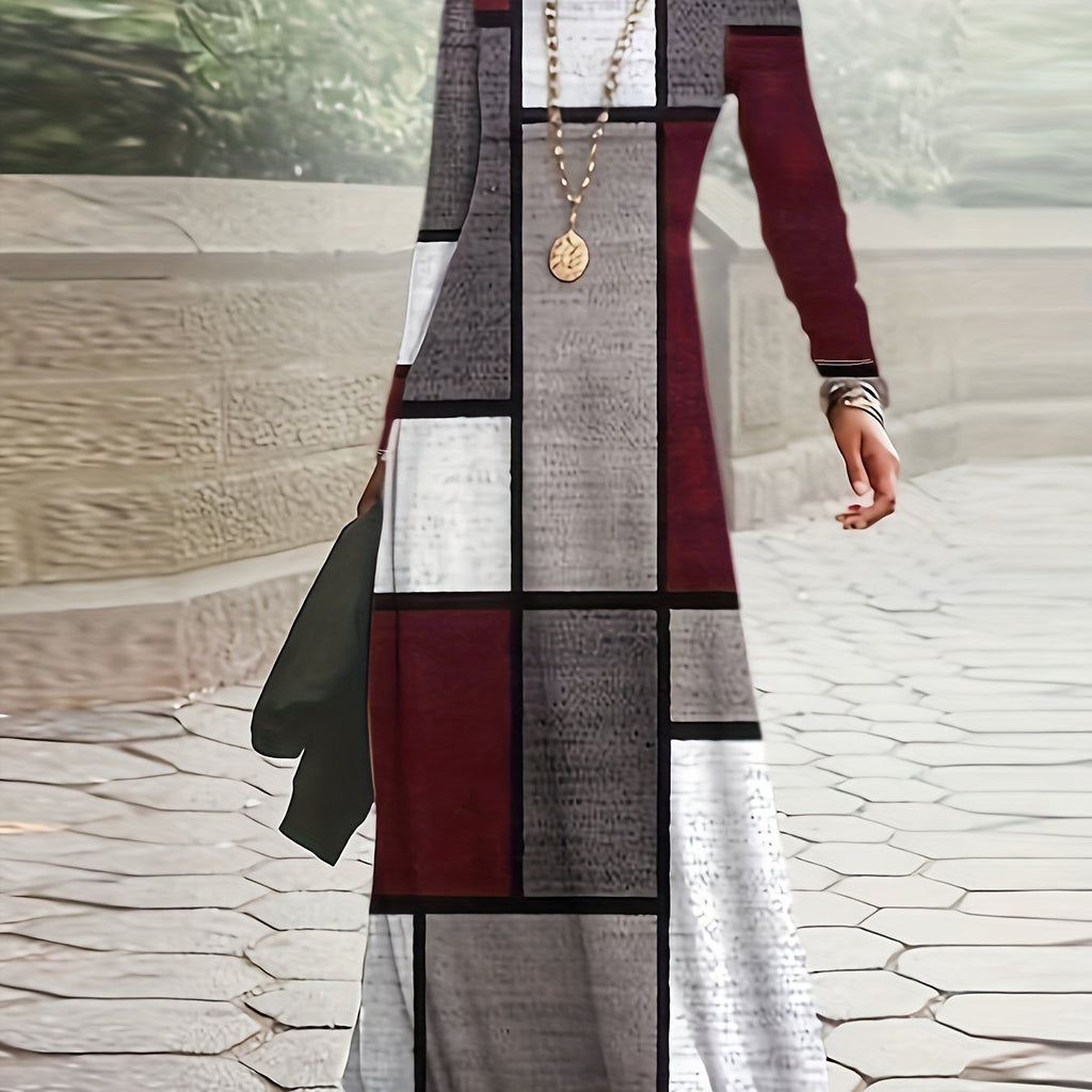 Vibrant Patchwork Print Maxi Dress - Soft Crew Neck, Long Sleeve, Comfortable Casual Wear for Women - Stylish, Relaxed Fit, Perfect for Daily Life, Outdoor Activities, and Travel