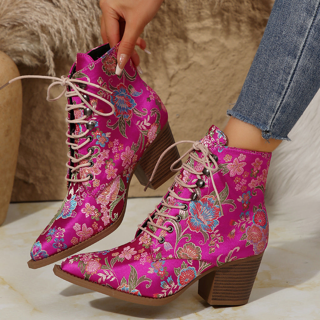 Women'S Chunky Heel Lace-Up Boots - Pointed Toe, PU Synthetic Cover for Parties, Formal & Casual Attire - Non-Slip Cushioned Insole - Winter Booties in Pink (European/American Style), Elegant Bootie For Women,