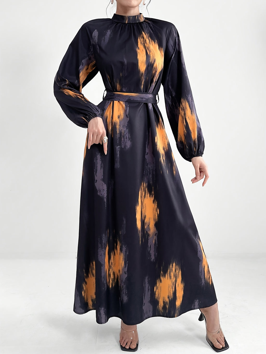Women's Long Sleeve Geometric Print Maxi Dress with Belt - Polyester, Machine Washable, Long Length, Round Neck, All-Season Wear