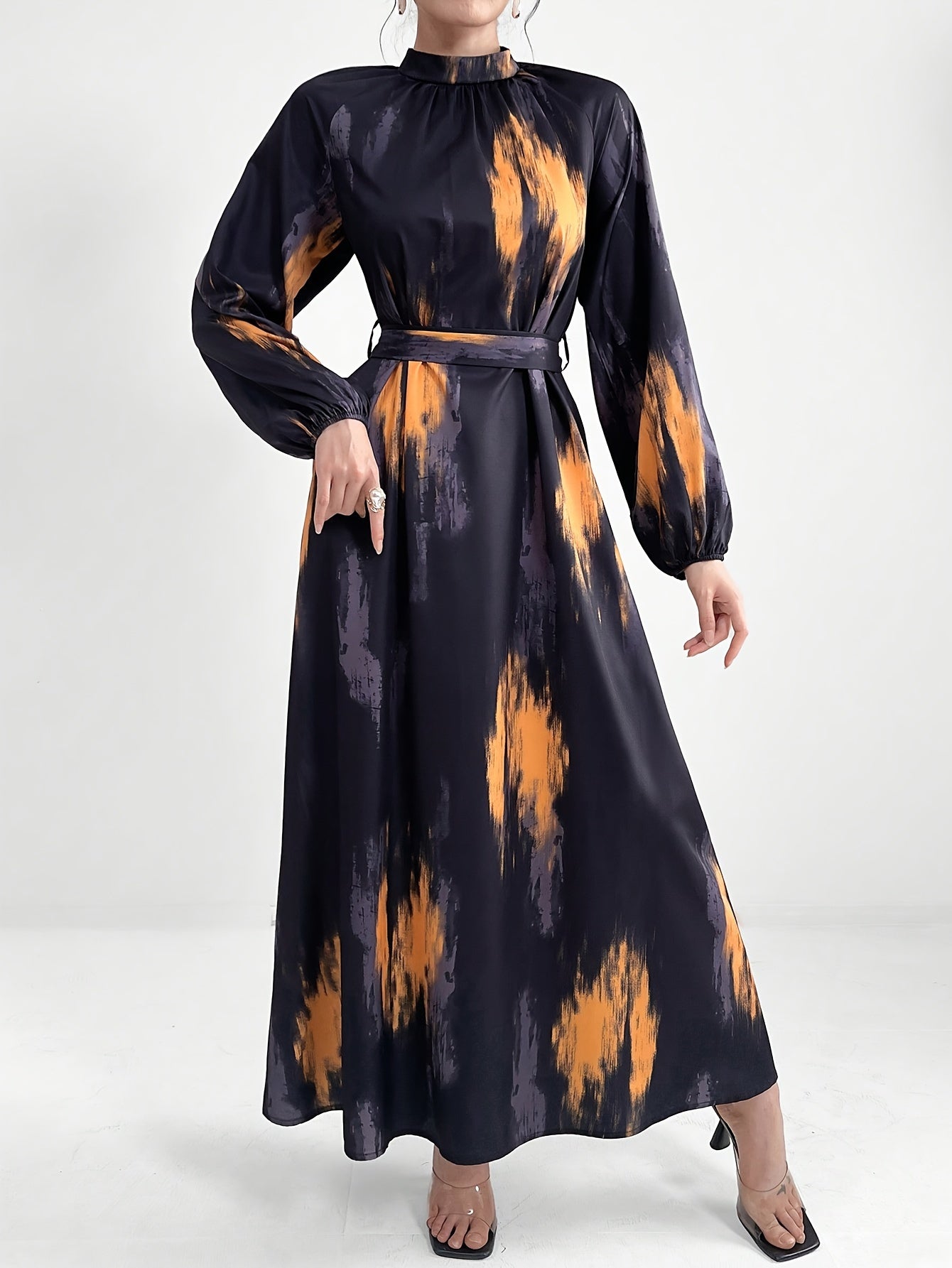 Women's Long Sleeve Geometric Print Maxi Dress with Belt - Polyester, Machine Washable, Long Length, Round Neck, All-Season Wear