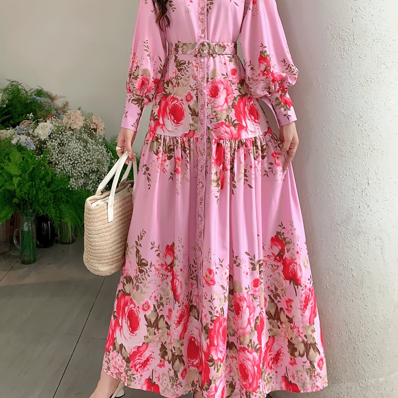 1pc Elegant Vintage Floral Chiffon Dress for Women - Long Sleeve Stand Collar Maxi Dress with Belt Detail, Regular Fit Woven Dress for All Seasons