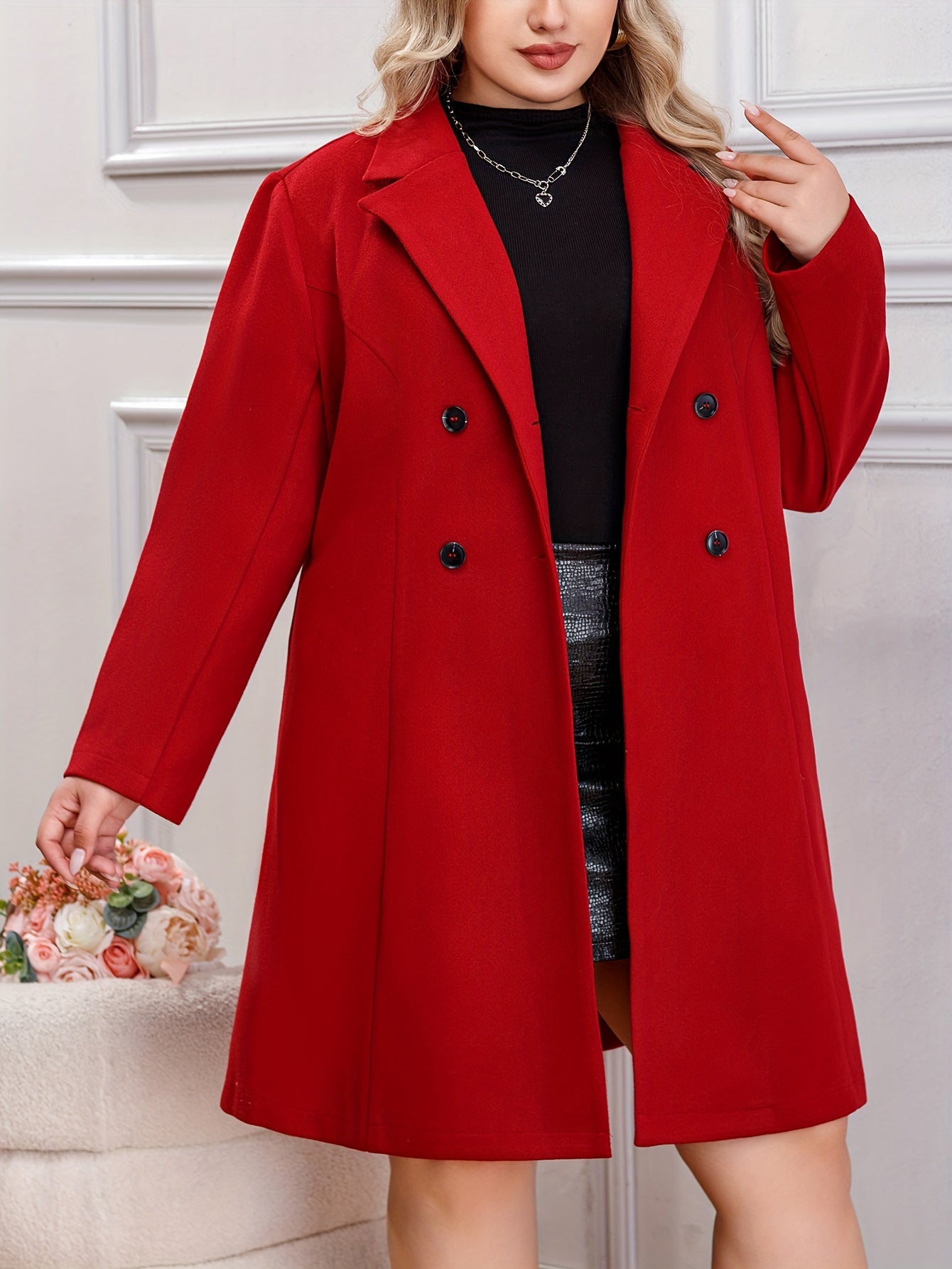 Plus Size Solid Color Double Breasted Overcoat, Elegant Lapel Neck Long Sleeve Outerwear For Fall & Winter, Women's Plus Size Clothing