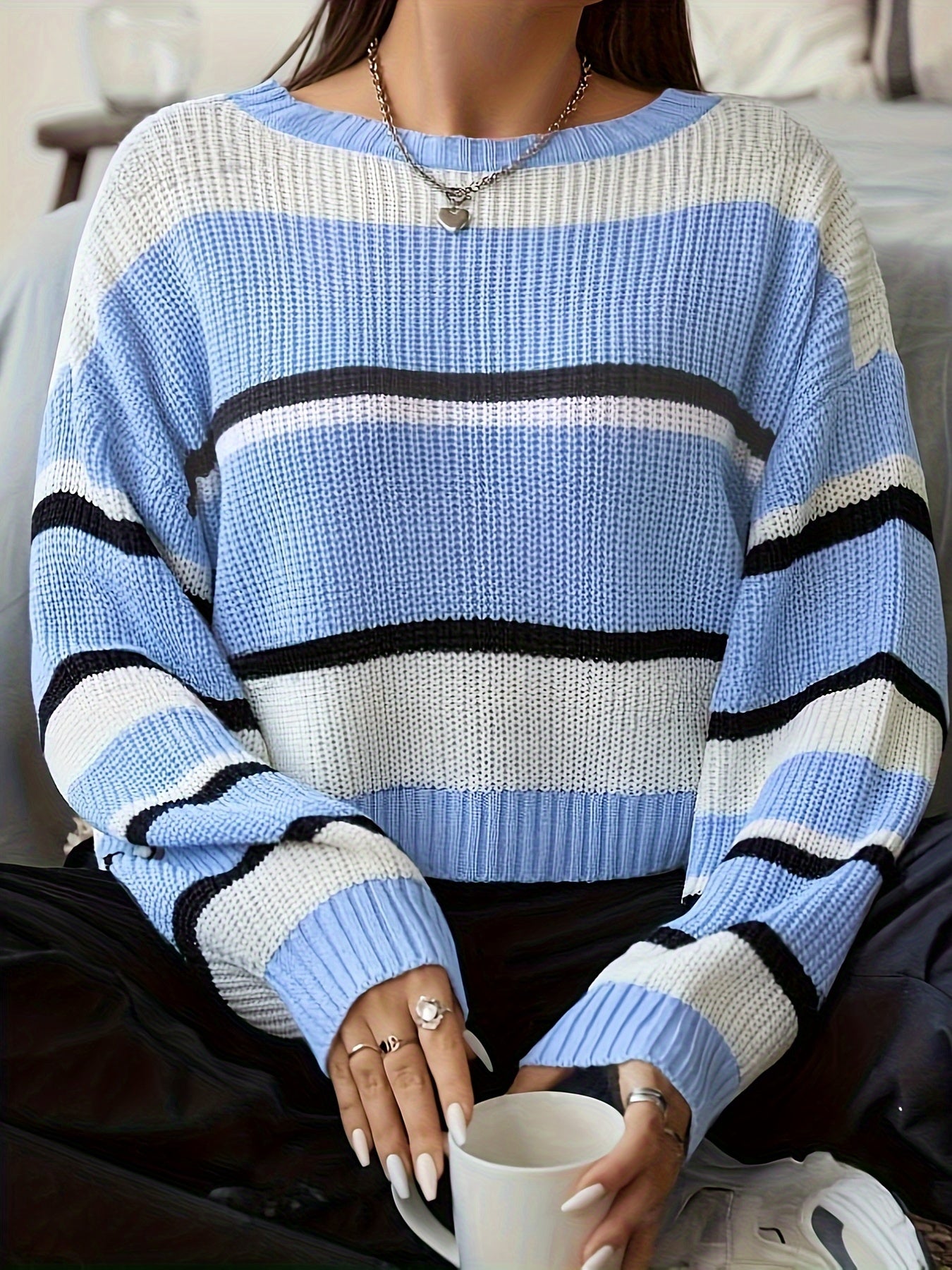 Plus Size Striped Pattern Sweater, Casual Drop Shoulder Crew Neck Knitted Top, Women's Plus Size Clothing