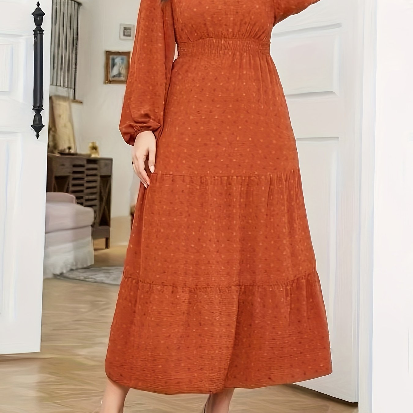 High Waist Tiered Dress, Elegant Solid Long Sleeve Maxi Dress, Women's Clothing