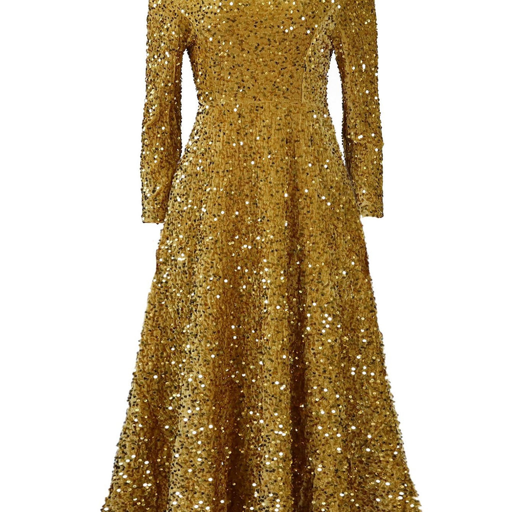 Elegant Plus Size Sequin Maxi Dress for Women - Long Sleeve, A-Line Flared Party & Cocktail Gown with Sparkle Glitter Detail