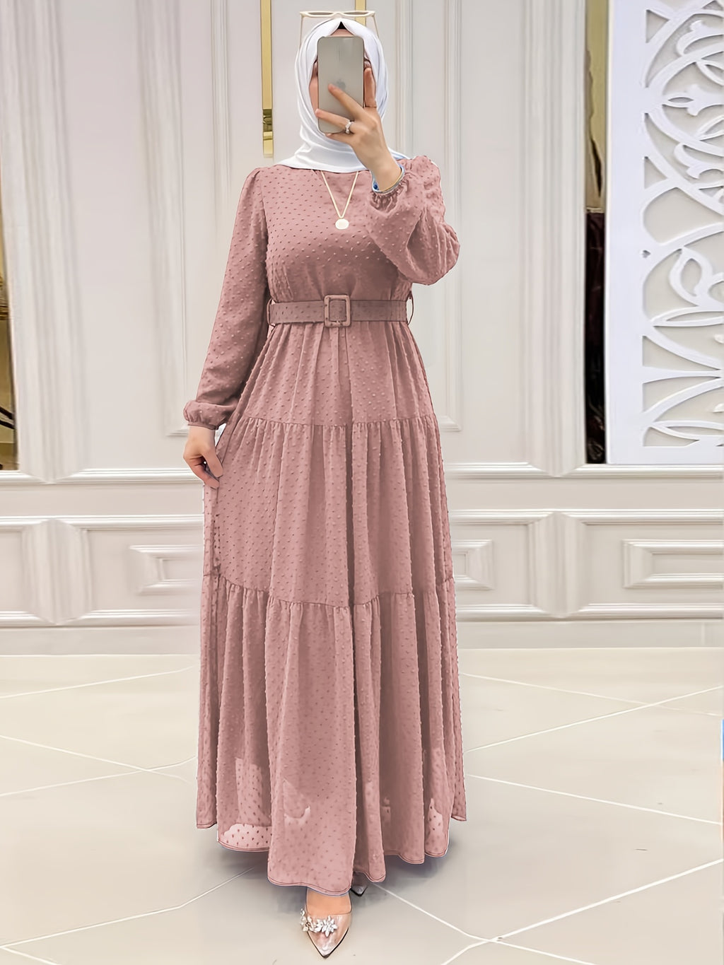 Stunning Swiss Dot Kaftan Maxi Dress - Elegant Long Sleeve, Tie Waist, Flowy Design, Comfortable Women's Clothing for Everyday Wear