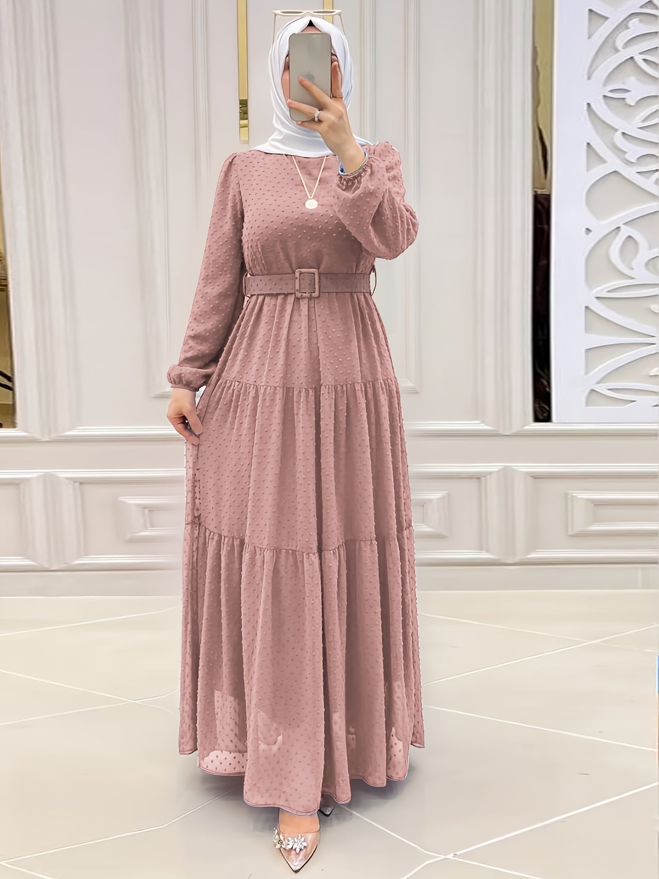 Stunning Swiss Dot Kaftan Maxi Dress - Elegant Long Sleeve, Tie Waist, Flowy Design, Comfortable Women's Clothing for Everyday Wear