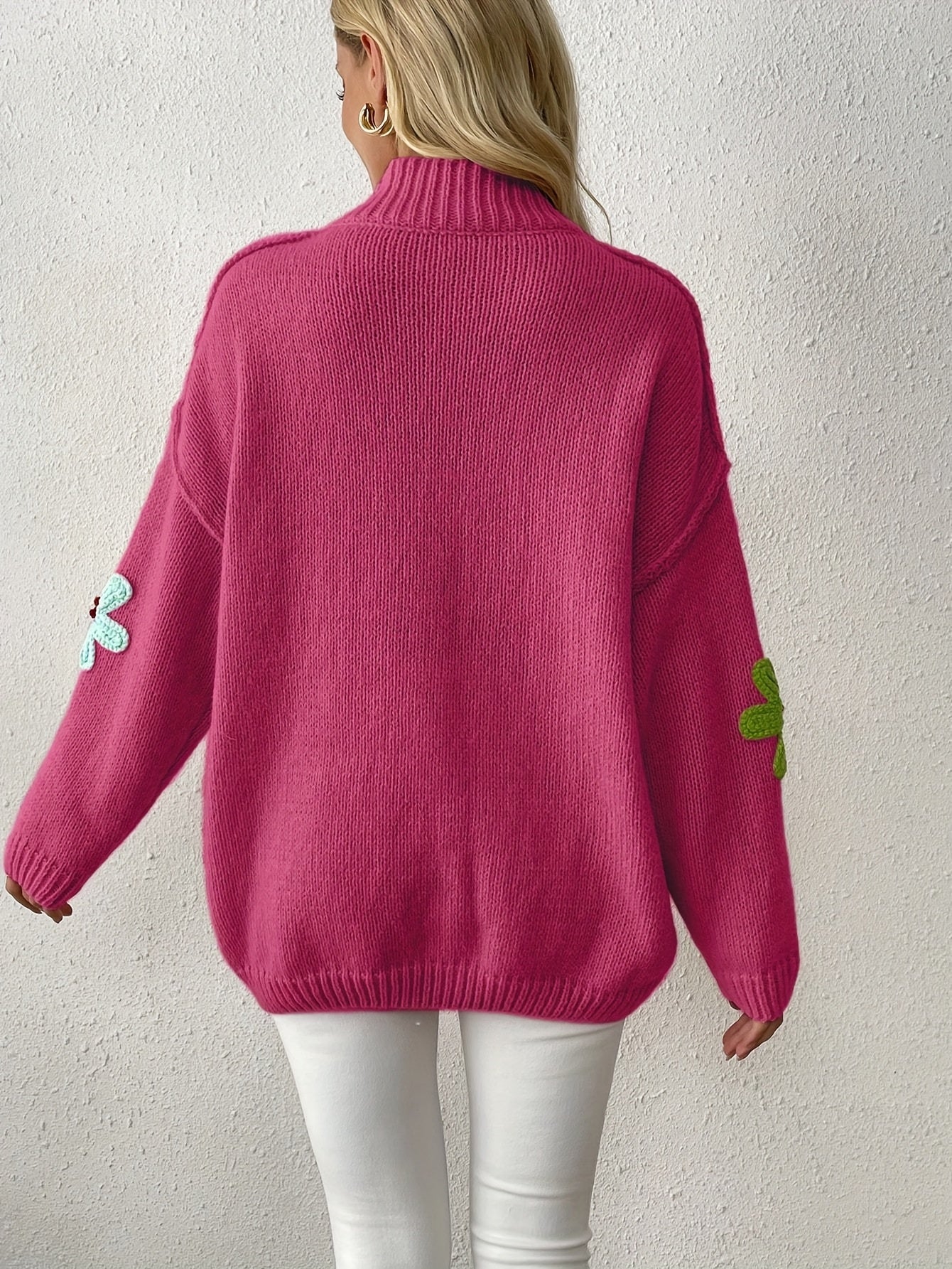 Plus Size Floral Applique Knit Sweater, Casual Long Sleeve High Neck Top For Fall & Winter, Women's Plus Size Clothing