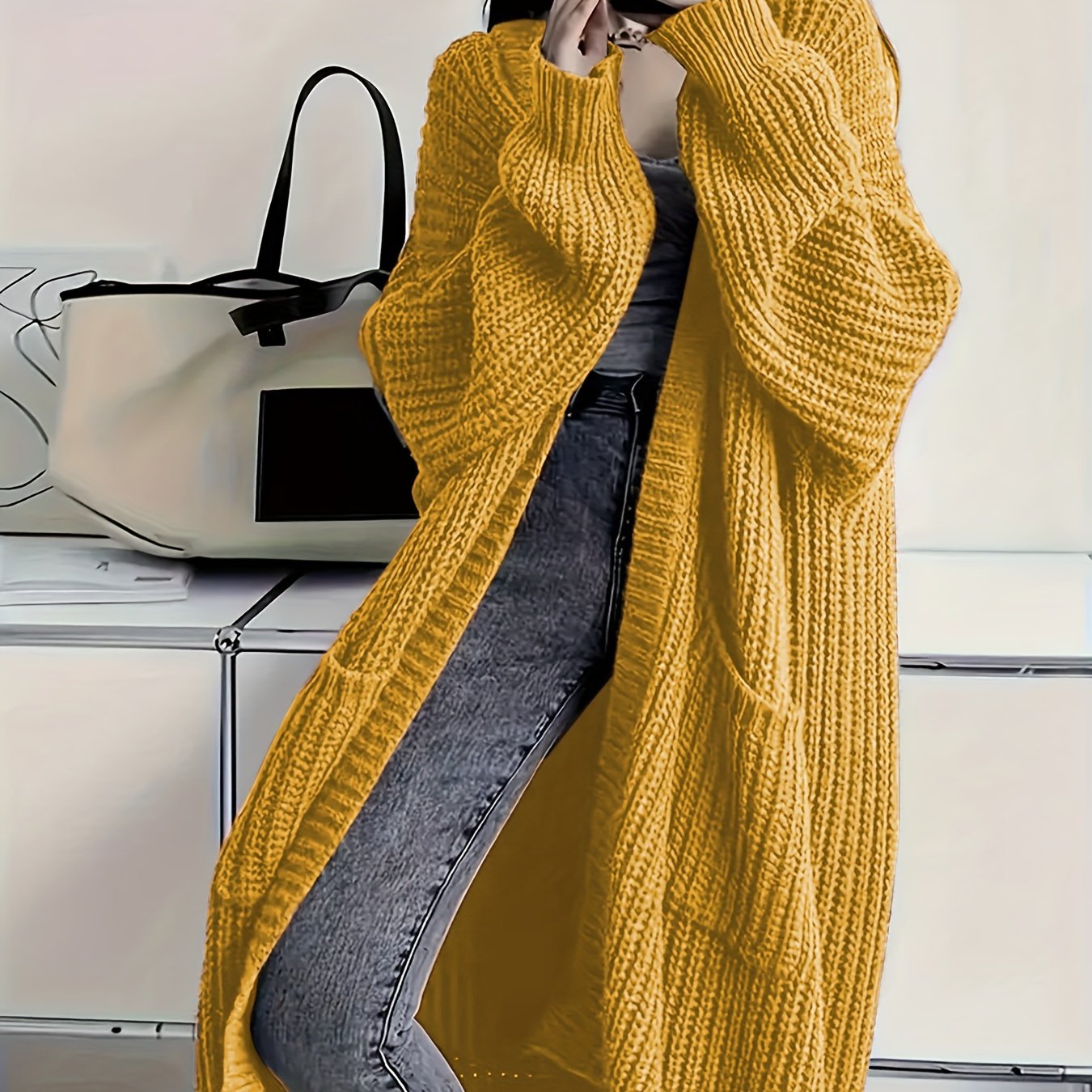 Plus Size Open Front Loose Knit Cardigan, Casual Long Sleeve Long Length Cardigan With Pocket, Women's Plus Size Clothing