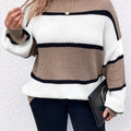 Plus Size Stripe Pattern Color Block Mock Neck Sweater, Elegant Drop Shoulder Long Sleeve Sweater For Fall & Winter, Women's Plus Size Clothing