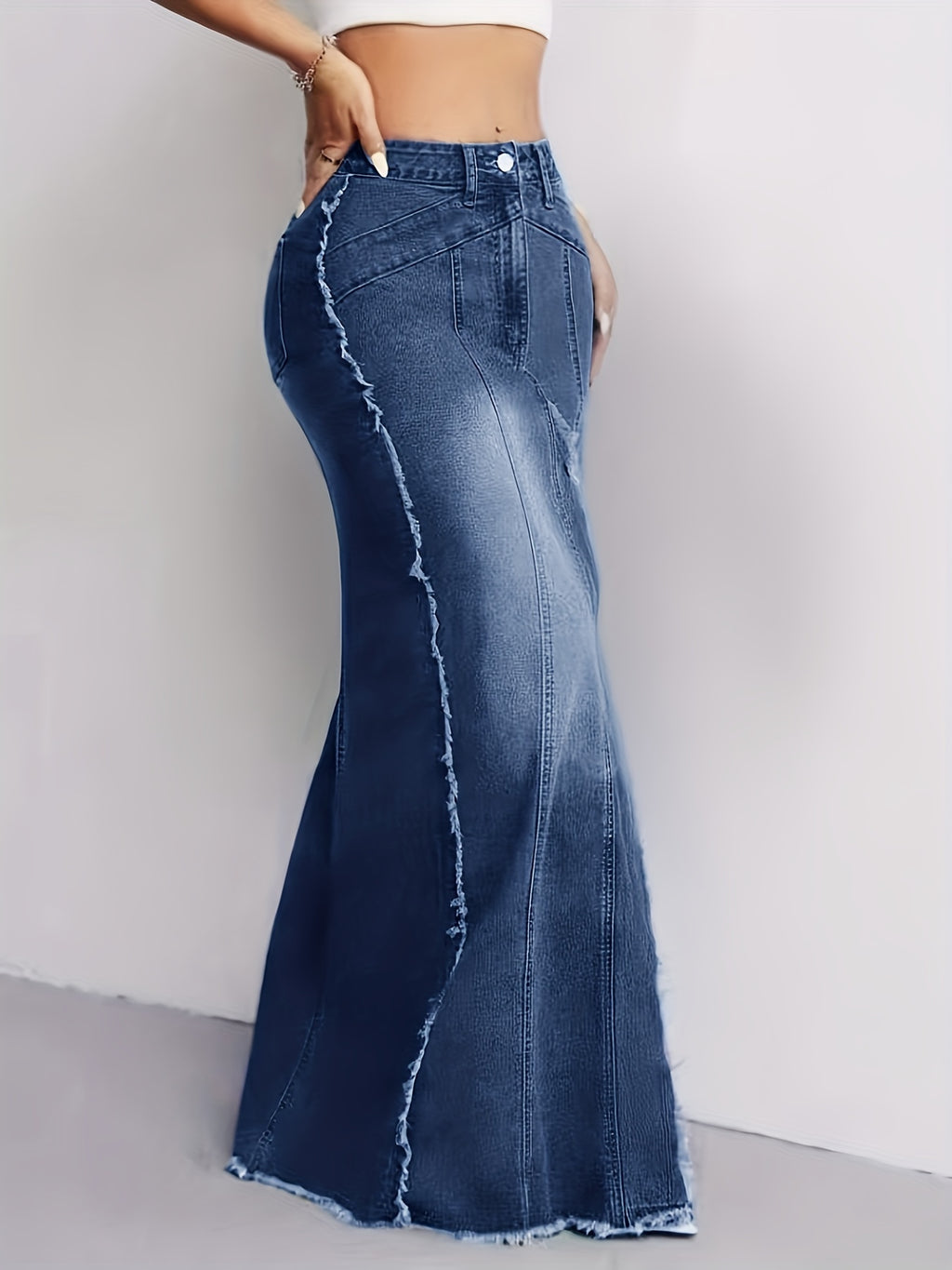 Raw Hem Washed Blue Stylish Stretchy Maxi Trumpet Denim Skirt, Women's Denim Jeans & Clothing