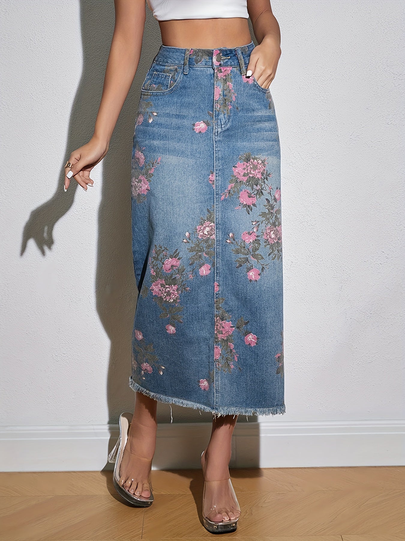 Floral Print Raw Hem Maxi Denim Skirt, Elegant Whiskering Slash Pocket High Rise Denim Skirt, Women's Denim Jeans & Clothing
