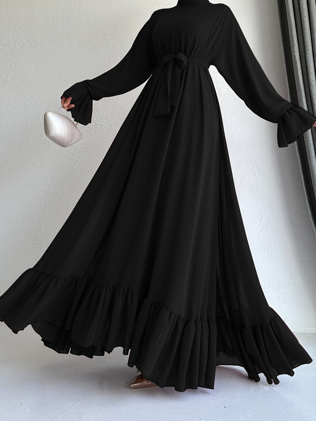 Stunning Solid Color Belted Peplum Maxi Dress - Elegant Abayas for Women with Long Sleeves, Pleated Design, and Flattering Silhouette for Spring and Fall Seasons - Chic and Modest Clothing for Ladies