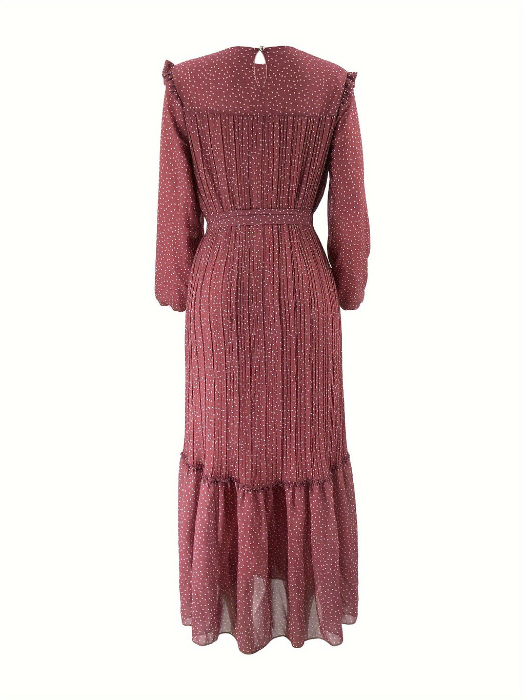 Stunning Polka Dot Maxi Dress - Elegant Crew Neck, Long Sleeve, Ruffle Hem, Keyhole Back, Modest, Polyester, Woven, Random Print, Middle East Style, All Seasons, Non-Sheer