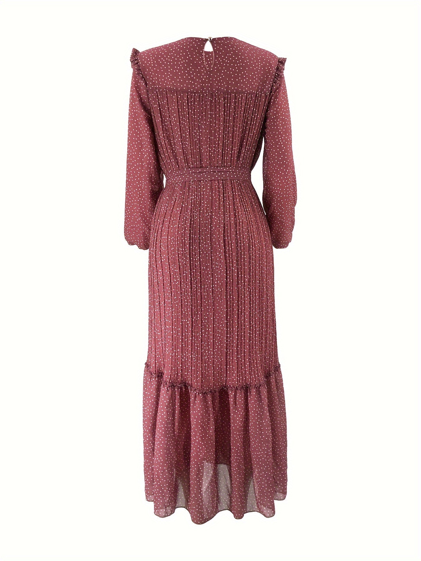 Stunning Polka Dot Maxi Dress - Elegant Crew Neck, Long Sleeve, Ruffle Hem, Keyhole Back, Modest, Polyester, Woven, Random Print, Middle East Style, All Seasons, Non-Sheer