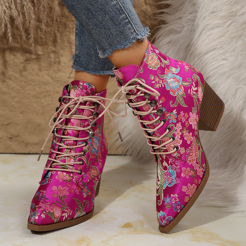 Women'S Chunky Heel Lace-Up Boots - Pointed Toe, PU Synthetic Cover for Parties, Formal & Casual Attire - Non-Slip Cushioned Insole - Winter Booties in Pink (European/American Style), Elegant Bootie For Women,