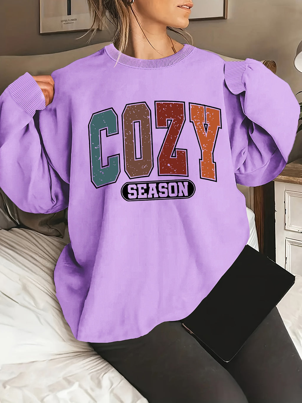 Plus Size Letter Print Sweatshirt, Casual Crew Neck Long Sleeve Pullover Sweatshirt, Women's Plus Size Clothing