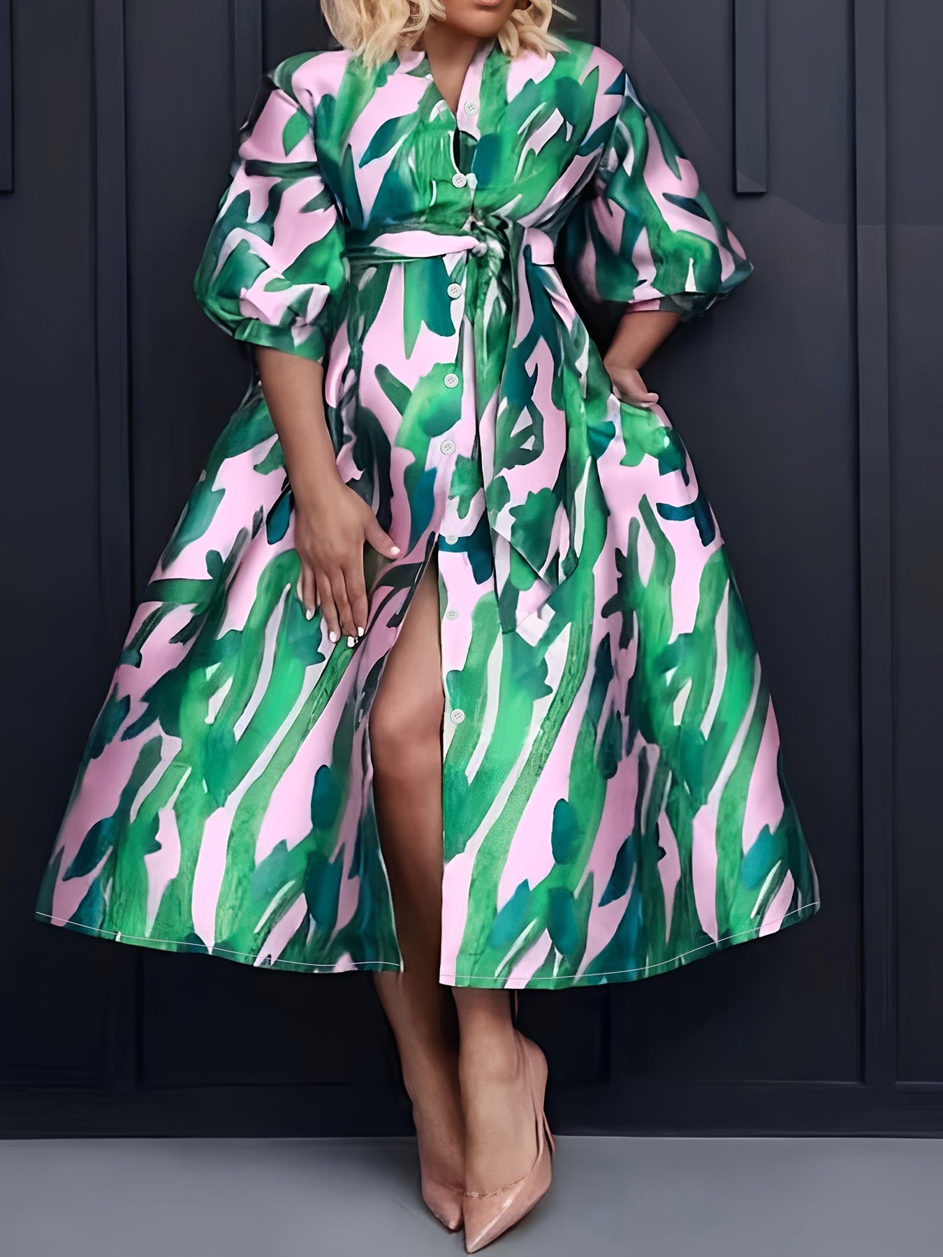 Plus Size Abstract Print Dress, Casual Half Sleeve V Neck Button Front Belted Midi Dress For Spring & Summer, Women's Plus Size Clothing