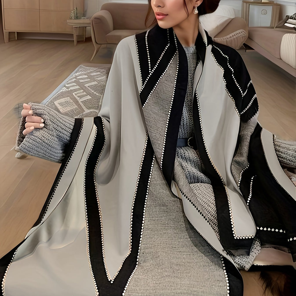 Plus Size Colorblock Striped Shawl Coat, Casual Open Front Cover Up Scarf Outwear, Women's Plus Size Clothing