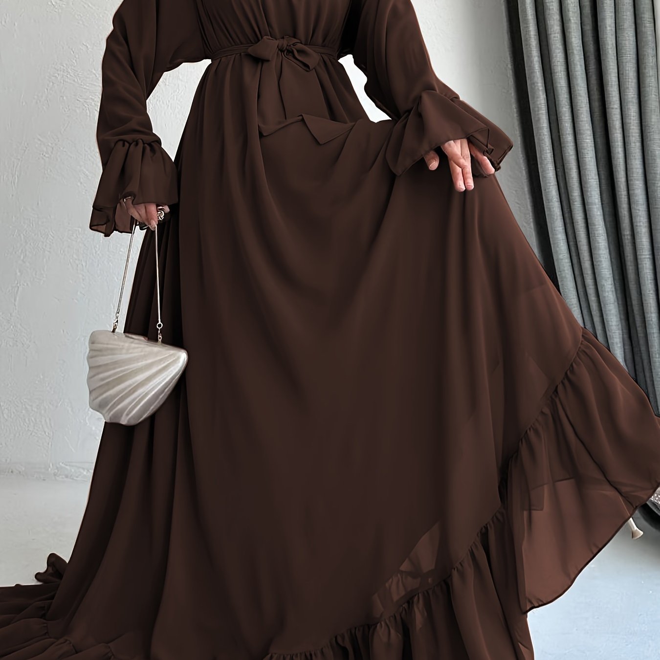 Stunning Solid Color Belted Peplum Maxi Dress - Elegant Abayas for Women with Long Sleeves, Pleated Design, and Flattering Silhouette for Spring and Fall Seasons - Chic and Modest Clothing for Ladies