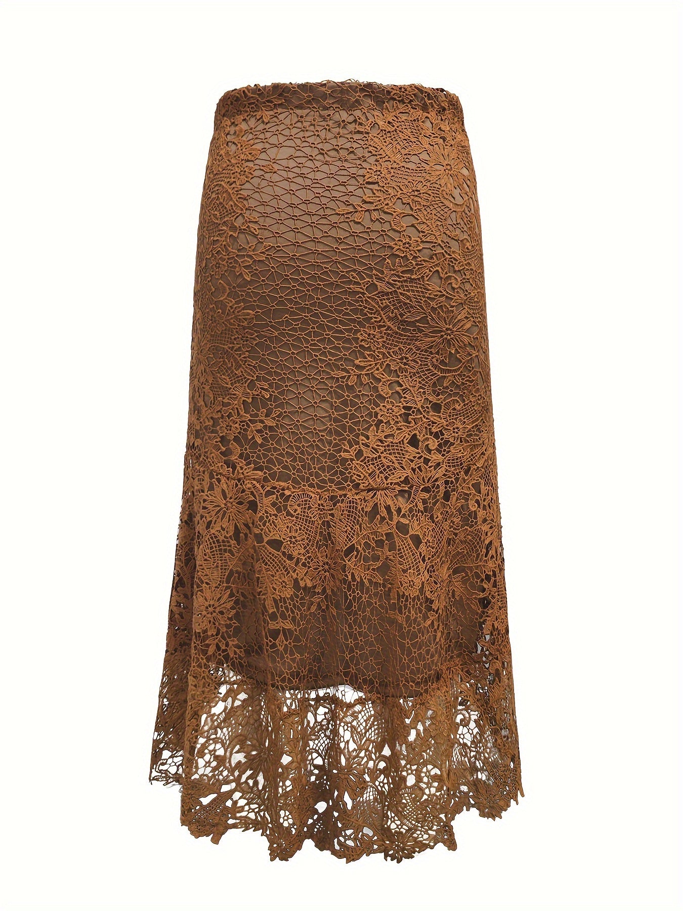 Plus Size Cutout Floral Lace Skirt, Casual High Waist Midi Skirt, Women's Plus Size Clothing