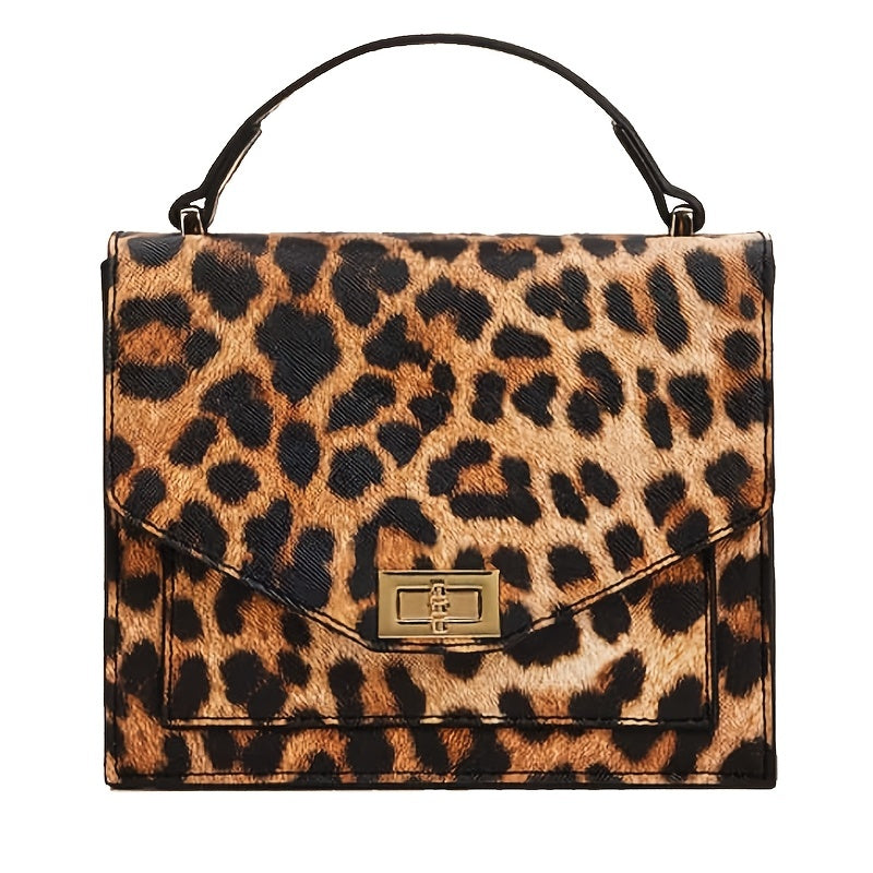 Leopard Print Handbag, Vintage Square Clutch Purse, Women's PU Leather Satchel Bag For Prom